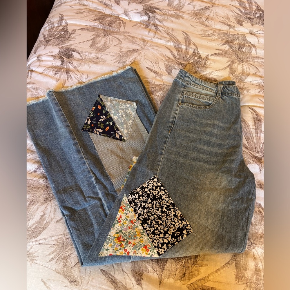 white birch Light Wash Denim Wide Leg Jeans with Patchwork